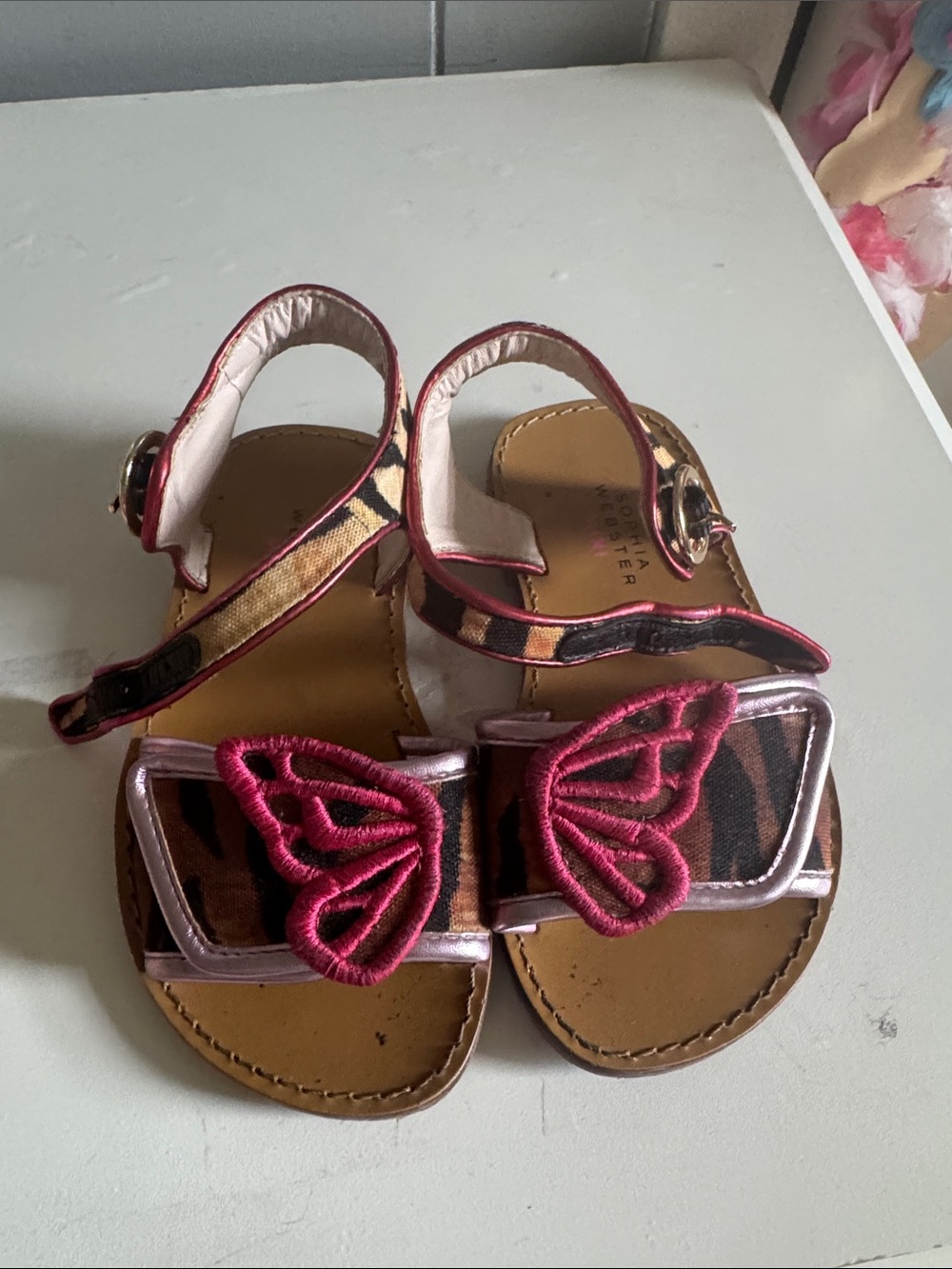 Sophia Webster Leopard Print Sandals with Pink Butterfly Appliqué